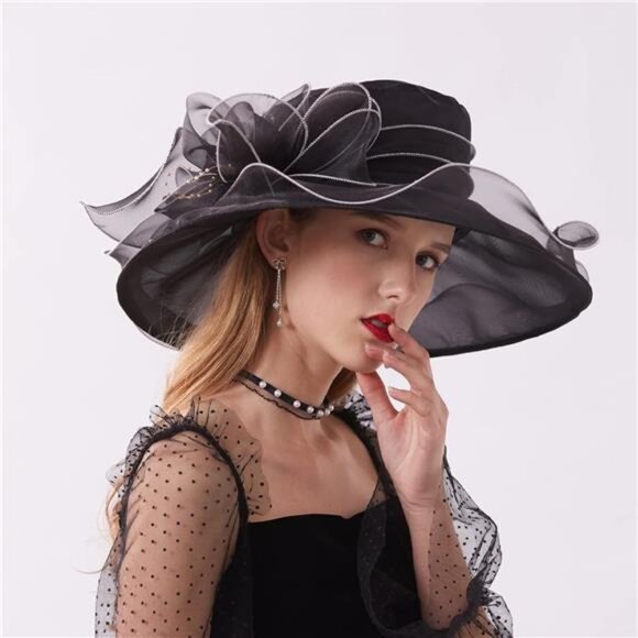 Kentucky Derby Hats - Organza Hat Fascinator Hat Black White - Picture 3 of 5